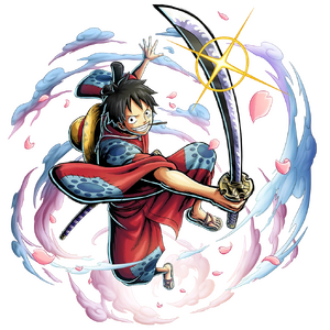 Luffy con su primer atuendo de Wano en Bounty Rush.